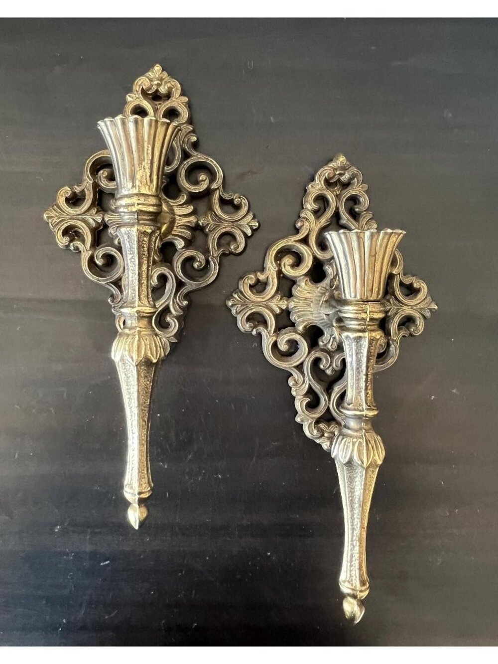 Vintage Hollywood Regency Candle Sconces // Pair of 2 // Ornate Gold Cast Metal